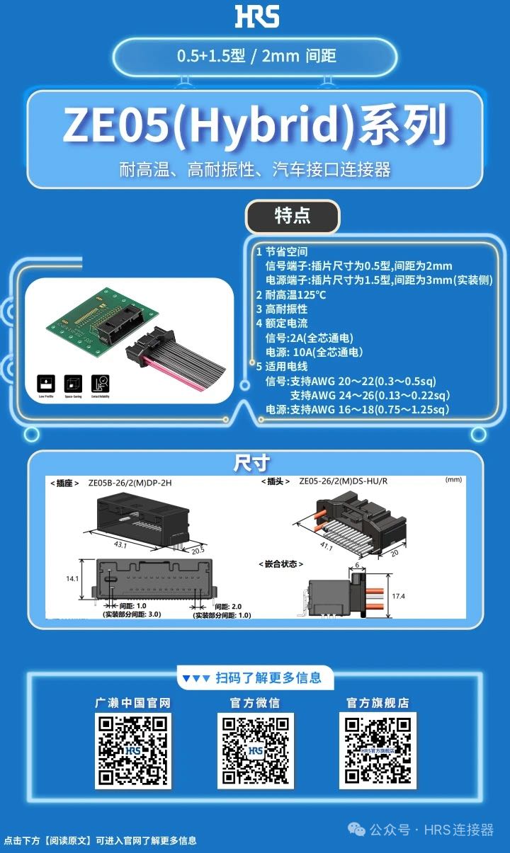 【產(chǎn)品推薦】耐高溫、高耐振性、汽車接口、電源信號(hào)混合型連接器ZE05系列